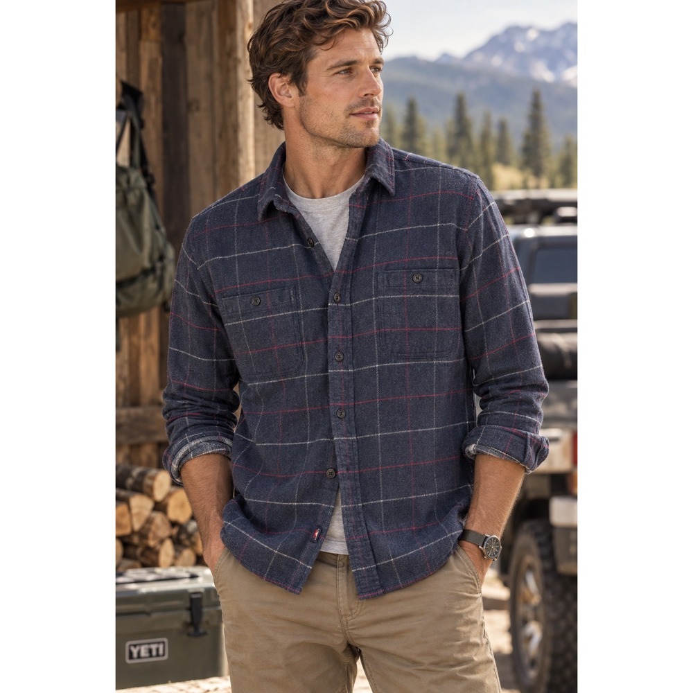 Faherty Ventura Flannel Shirt Mens Large Navy Blue Windowpane Plaid Button Down